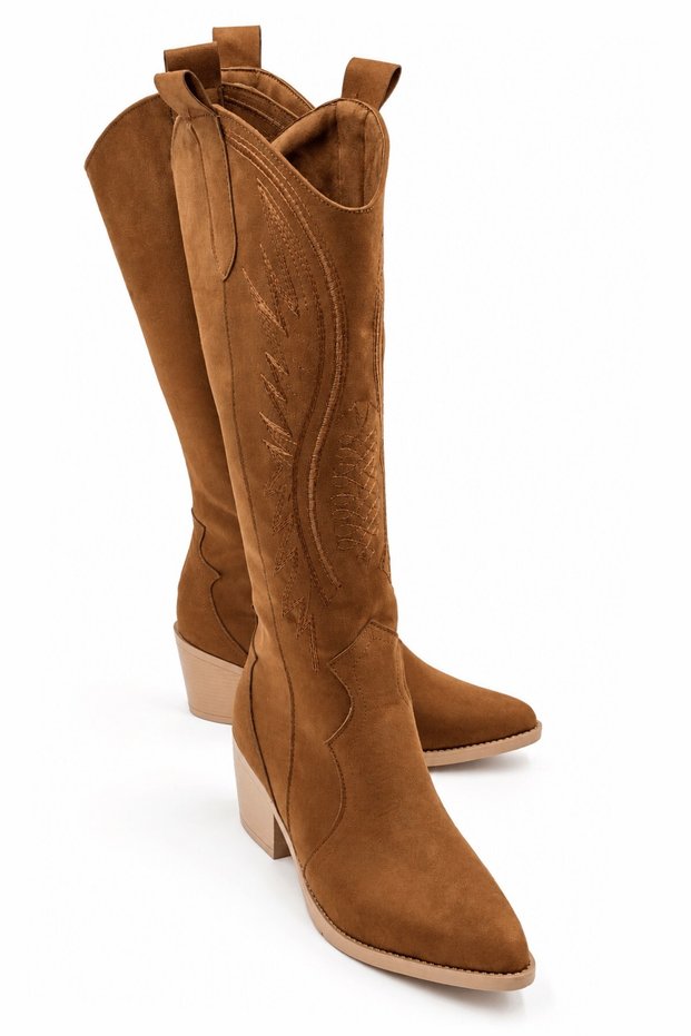 Django Women's Suede Tan Embroidered Pointed Toe Thick Heeled Below the Knee Western Cowboy Boots 5.5 cm Heeled