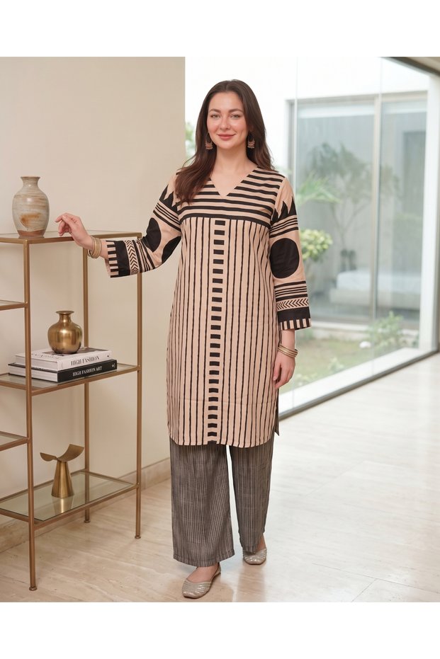 Women Co-ord Set, Black & Cream Stripe Print