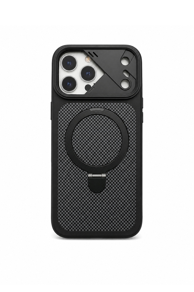 iPhone 18 Pro Compatible Ringstand Magsafe Case - Camera Protected, Standable, Carbon Pattern Case Black