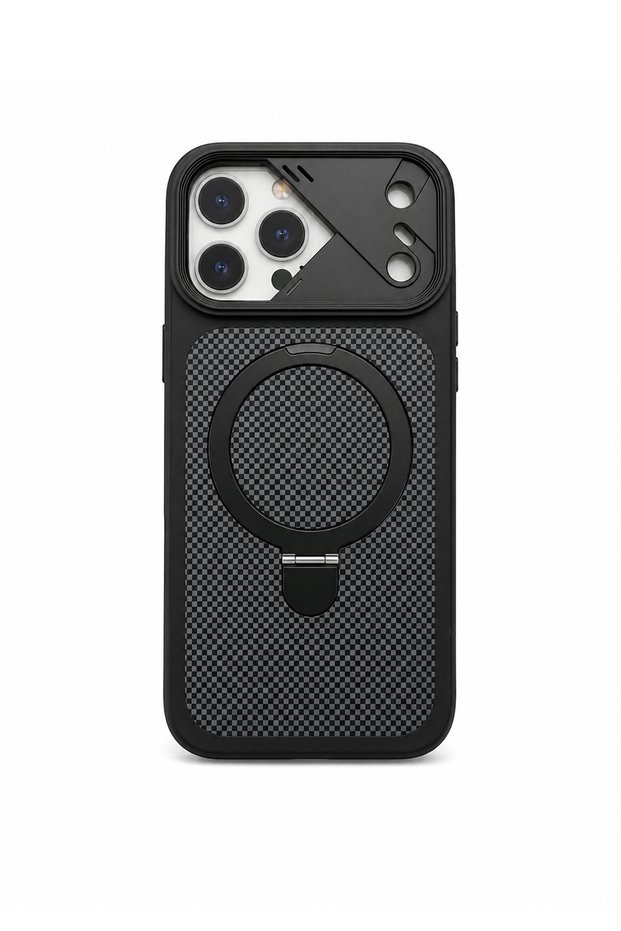 حافظة RingStand MagSafe المتوافقة مع iPhone 18 Pro Max - حافظة بنمط الكربون مع حماية للكاميرا وحامل باللون الأسود