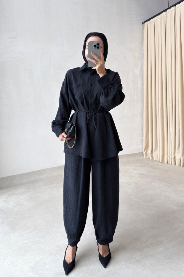 Shalwar Cut Pants Double Suit Set - Black