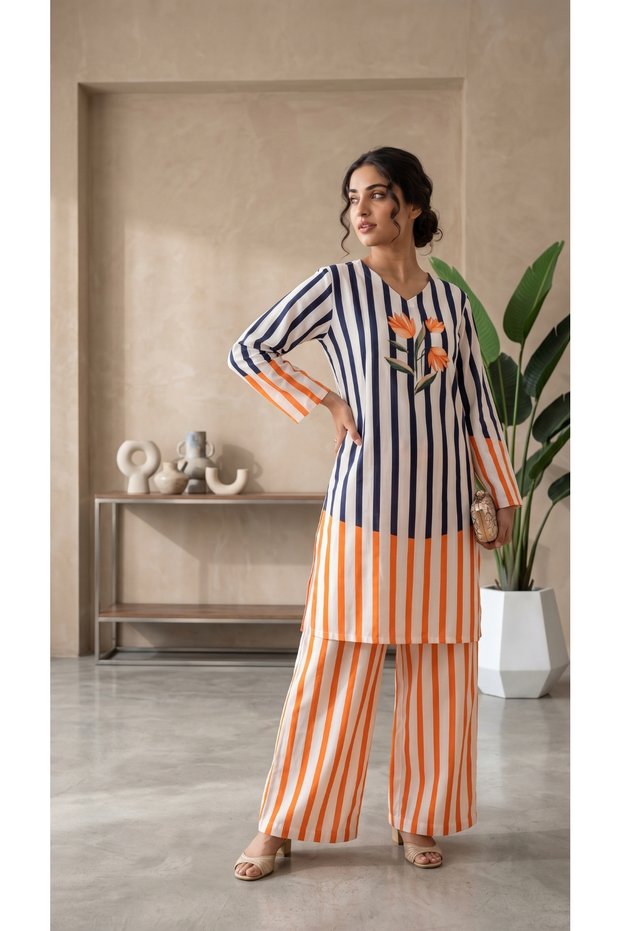 Women Co-ord Set, Azure Line Navy Stripe with Floral Applique Print