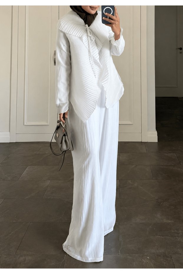 Pleated tie-up pant set - white