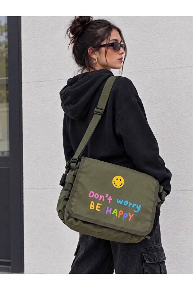 Don'T Worry Be Happy Printed Khaki Messenger Bag Cross Shoulder Bag School and Daily Messenger Bag