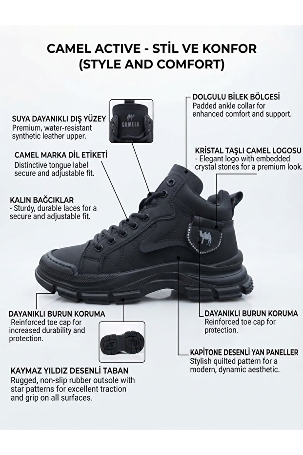 Fadeli̇m Black Rubber Thick Sole Lace-Up Sports Boots, Get One Size up