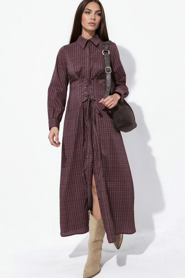 Corset Lace Detailed Checkered Shirt Dress