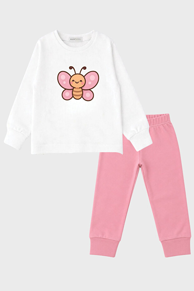 Girls' Butterfly Printed Pink Pajama Set Long Sleeve Crew Neck Cotton