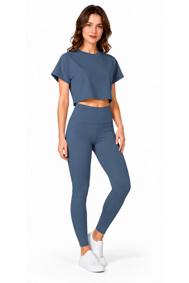 Women's Sportswear Top and Bottom Set – High-Waisted Leggings and Flowy Crop T-Shirt Fitness Set