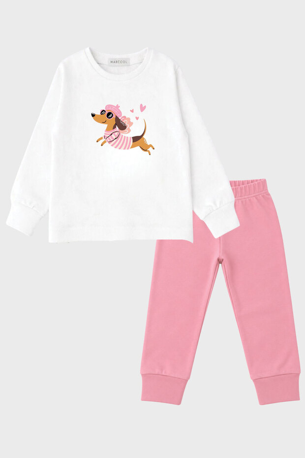 Girls' Dog Printed Long Sleeve Pajama Set Pink Bottom White Top 2 Piece