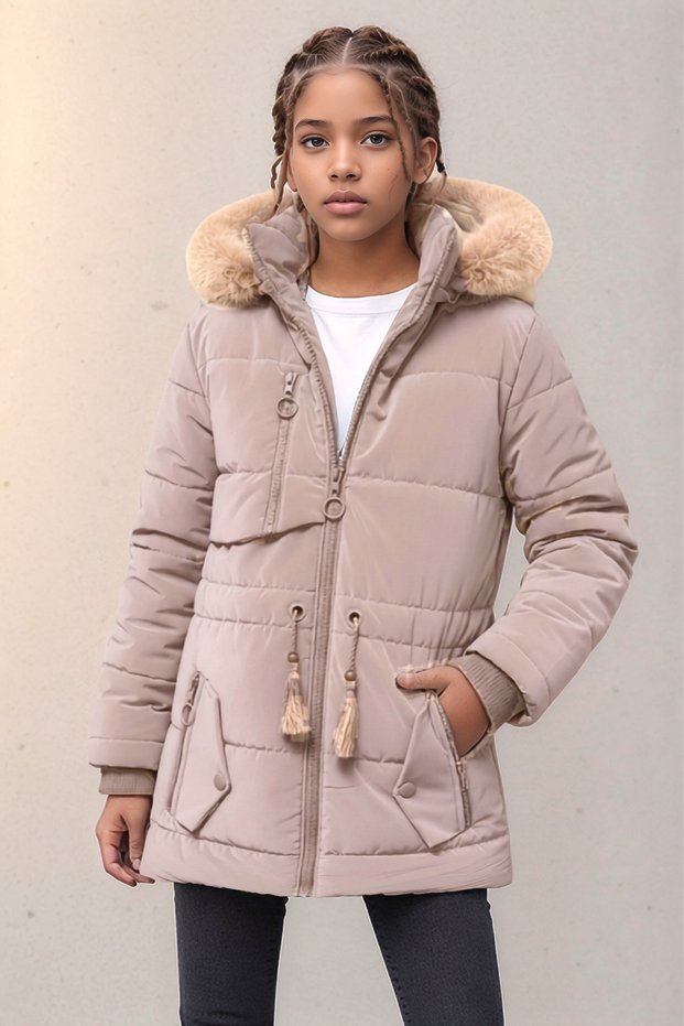 Girl's Comfortable Winter Fleece-Lined Hooded Waist Drawstring Coat