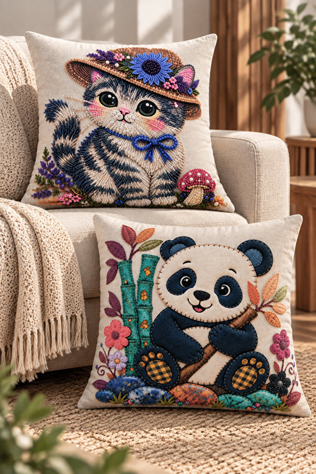 Set of 2 Cat and Panda Patterned 3D-Looking Digital Printed Throw Pillow Covers 43X43 cm Pillowcase Set