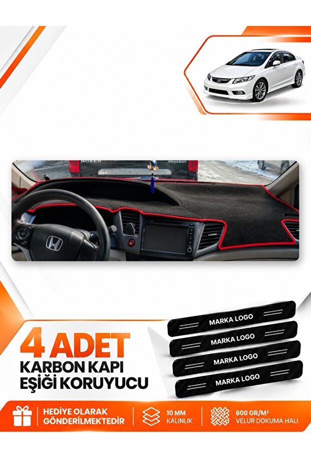 Honda Civic Fb7 (2011-2015) Compatible Front Torpedo Protection Case Carpet Cover - Black-Red - Ho011