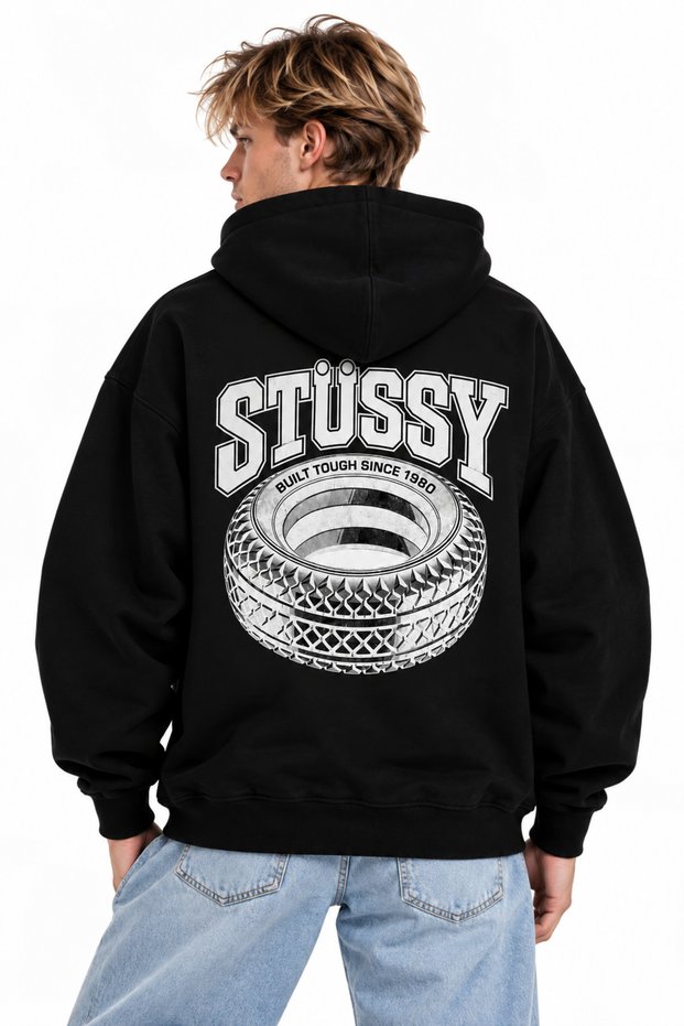 Women's Men's Unisex Stusy Wheel Back Patterned Printed 100% Cotton Oversize Hooded Sweatshirt Hoodie