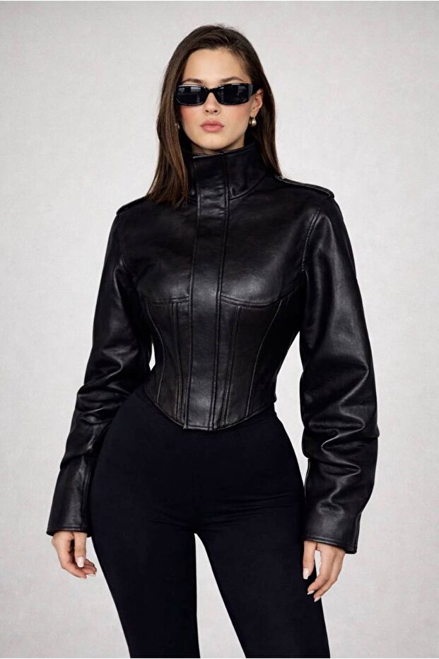 Women's Corset Detailed Winter Stand Collar Crop Biker Leather Jacket