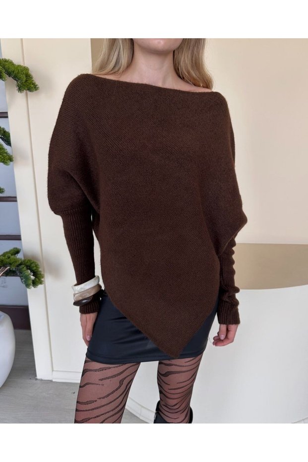 Asymmetrical Cut Boat Neck Ribbed Stylish Sweater