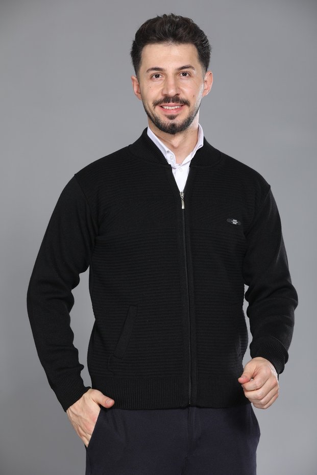 Black Men's Dad and Middle-Aged Knitwear Double Pocket Acrylic Classic Fit Zippered Cardigan