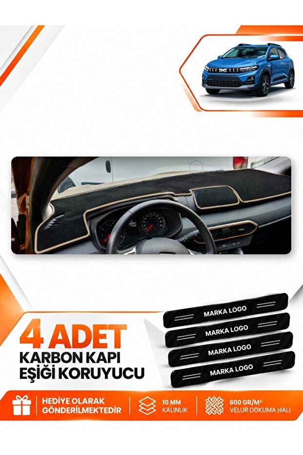 Dacia Sandero (2022-2026) Screenless Compatible Front Cover Torpedo Protection Carpet - Black-Beige - Da002