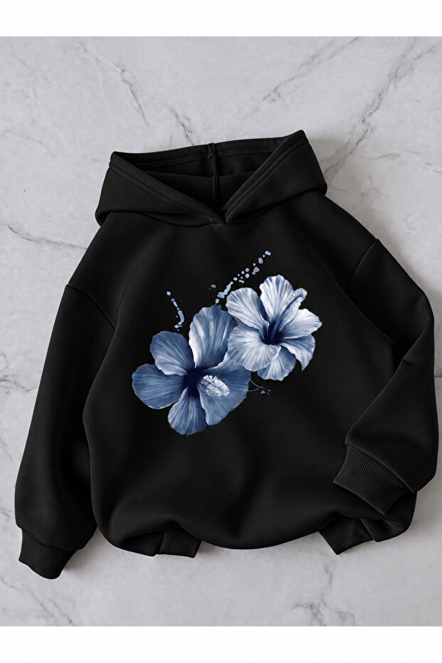 Blue Floral 3 Thread Hooded Sweatshirt Oversize Winter 100% Cotton