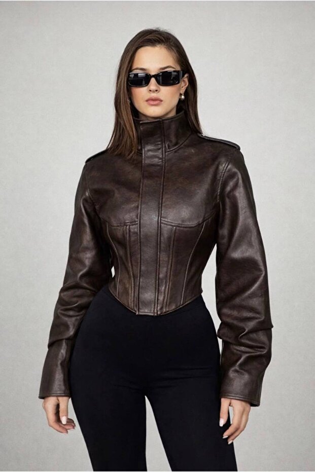 Women's Corset Detailed Winter Stand Collar Crop Biker Leather Jacket