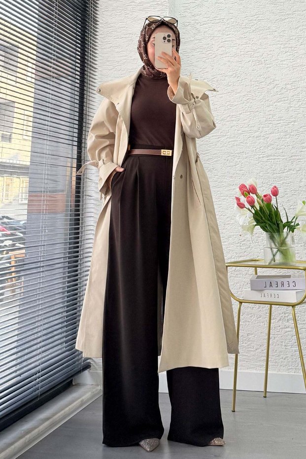 Premium Snap Detailed Stand Collar Belted Trench Coat - Stone