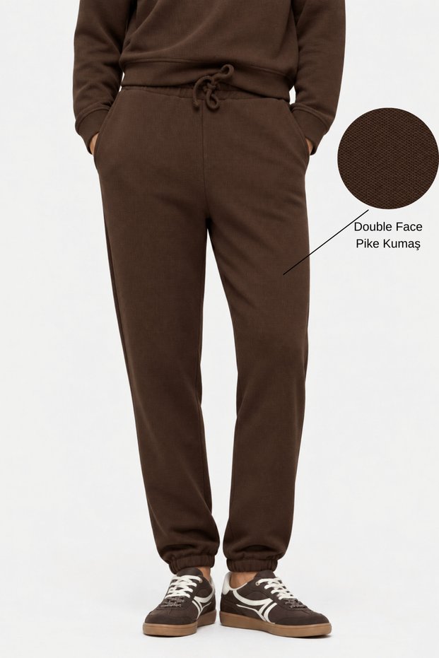 Annie Dark Brown Narrow Leg Embroidered Standard Fit Women's Pique Sweatpants