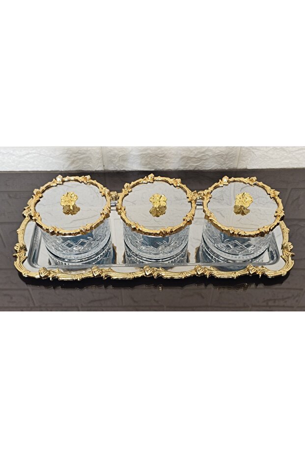 Lalezar Gold-Silver Bowl Set with Tray & Sugar Bowl & Serving Plate & Snack Bowl