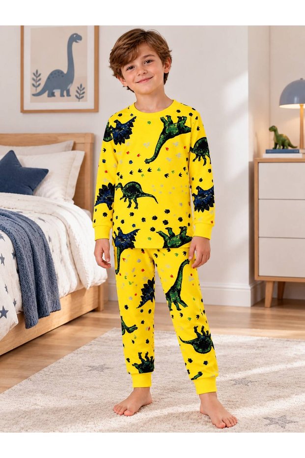 Boys 100% Cotton Yellow Color Dinosaurs Patterned Long Sleeve Winter Interlock Pajama Set