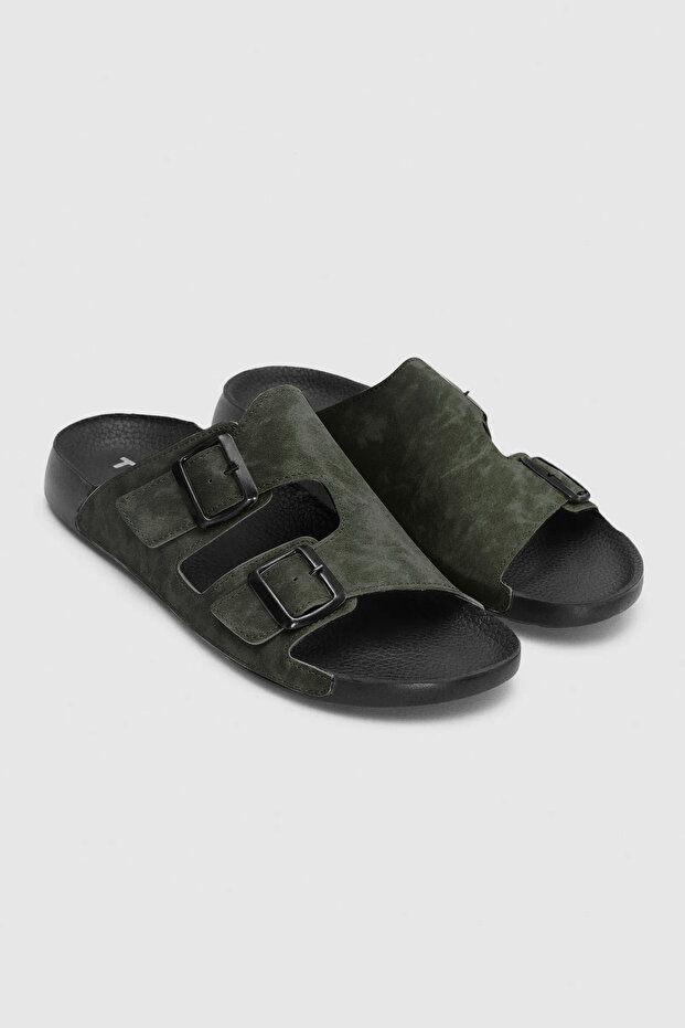 Khaki Double Buckle Slippers