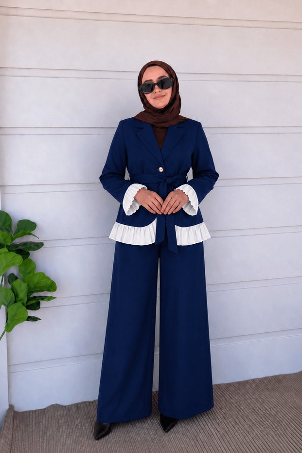Single Button Pleated Blazer Suit - Navy Blue