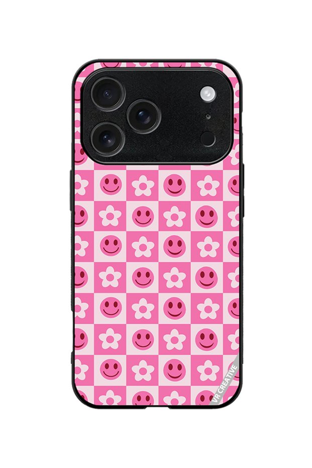 Protective Case Cover For Apple iPhone 18 Pro Checkered Hot Pink Retro Flowers And Happy Faces Seamless Pattern Design Multicolour
