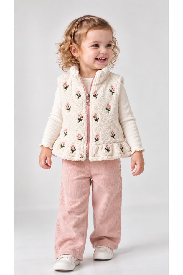 Girls' Flower Embroidered Zippered Plush Vest