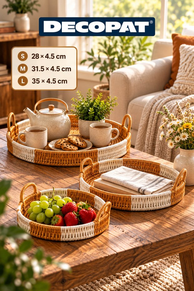 Set of 3 Wicker-Look Decorative Trays – Serving and Presentation Tray with Handles – Interlocking Multi-Purpose Tray