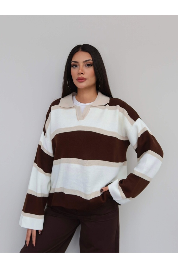 Polo Collar Thick Striped Sweater