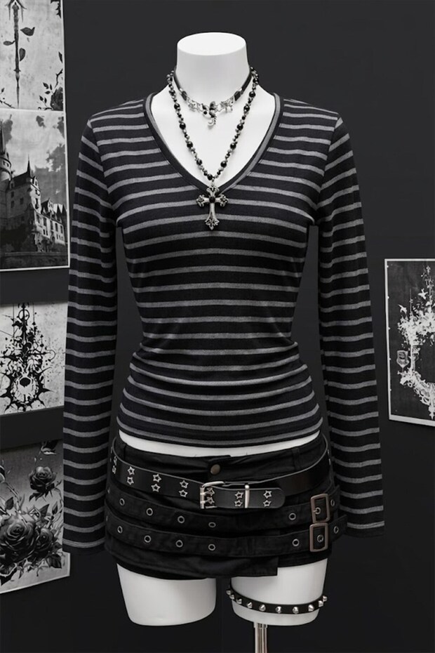 Black Anthracite Striped Ribbed Plain Y2K Long Sleeve Crop