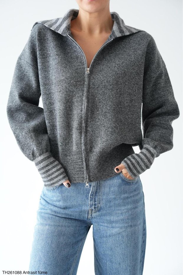 Women's Double Zipper Collar and Cuffed Striped Wool Knitwear Cardigan