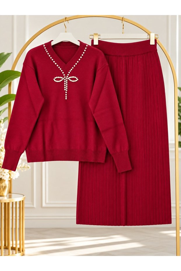 Women's Hijab Stone Embroidered Skirted Knitwear Set Burgundy
