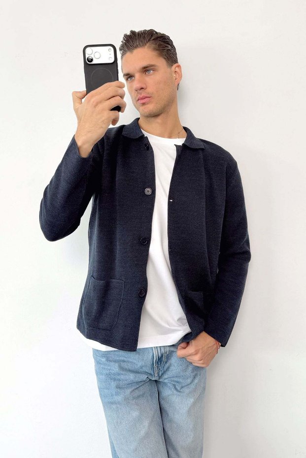 Men's Shirt Collar Buttoned Double Pocket Cardigan Navy Blue - 26121