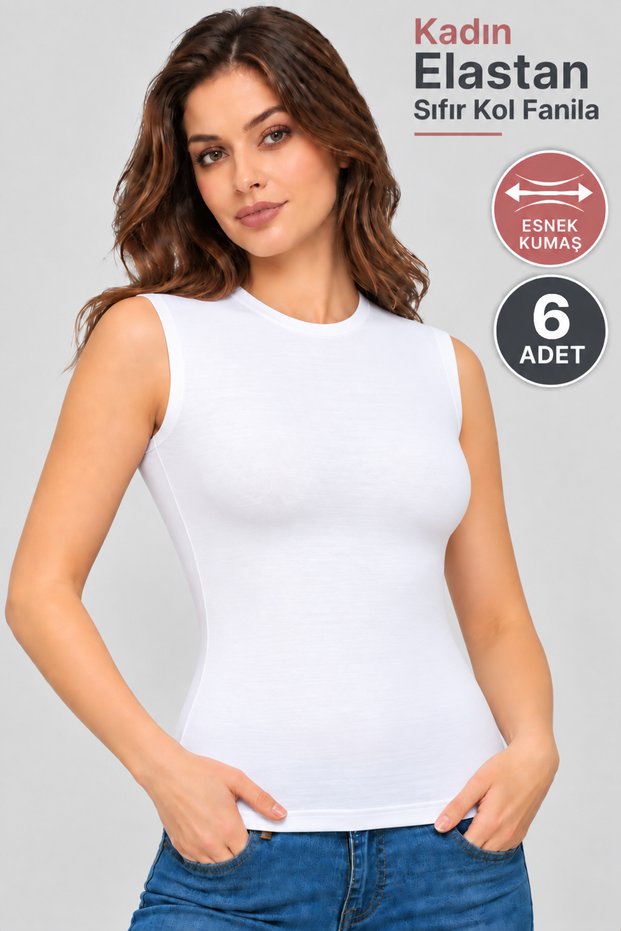 Women's Zero Sleeve Badi Undershirt T-Shirt (Tutku Authorized Seller) 94% Cotton 6% Elastane 6 Pieces – White