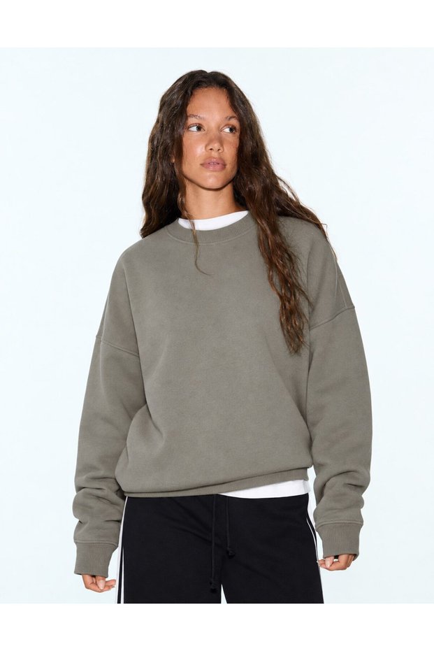 Women's Oversize Basic Crew Neck Sweatshirt Khaki – 3 Thread Raster Fleece