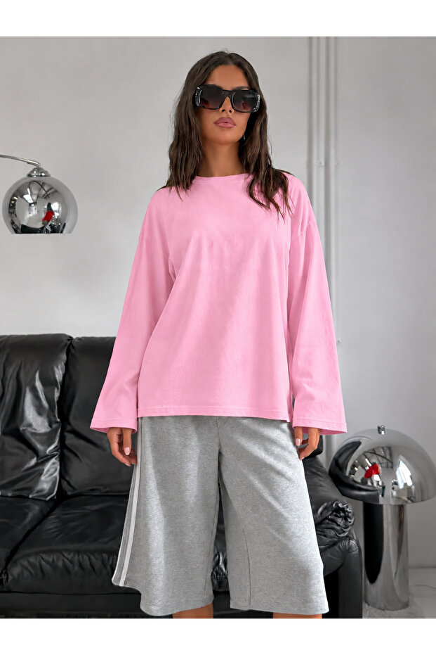 Women's Soft Crew Neck Oversized Fleece Inside Long Wide Sleeve Sweatshirt