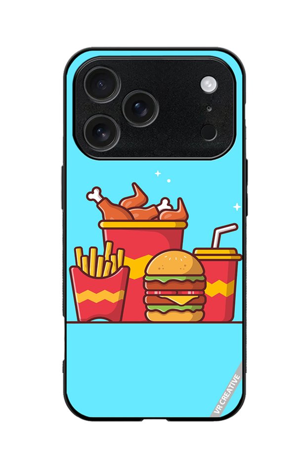Protective Case Cover For Apple iPhone 17 Pro Max Burger With Fried Chicken, French Fries And Soda Cartoon Design Multicolour