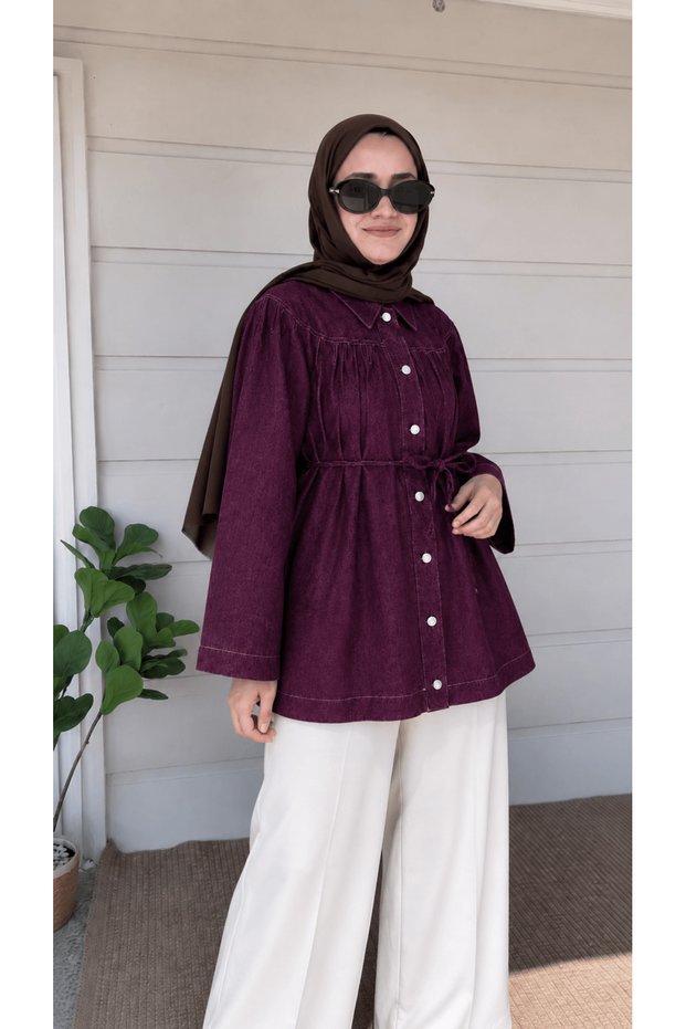 Pleated Denim Shirt - Plum