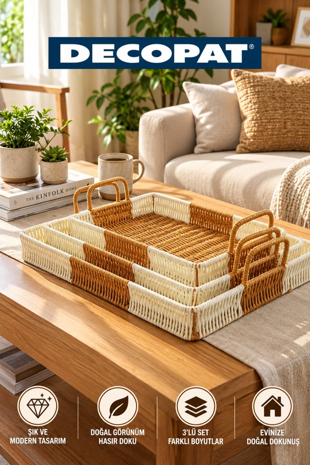 Set of 3 Plastic Rattan Trays – Dual-Color Wicker Look Interlocking Decorative Serving and Presentation Trays