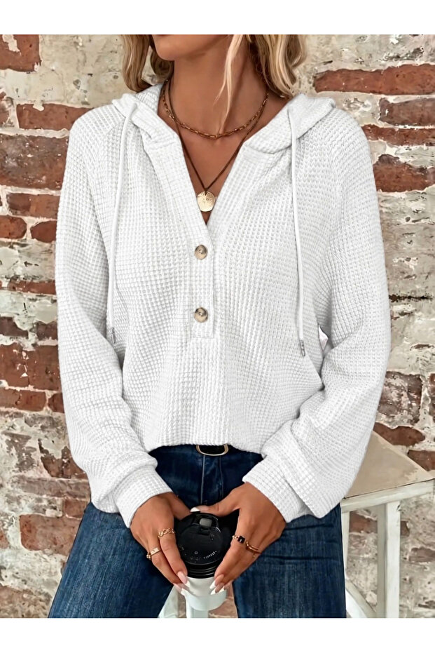 Women's Long Sleeve Hooded Front Buttoned and Lace-Up Waffle Blouse