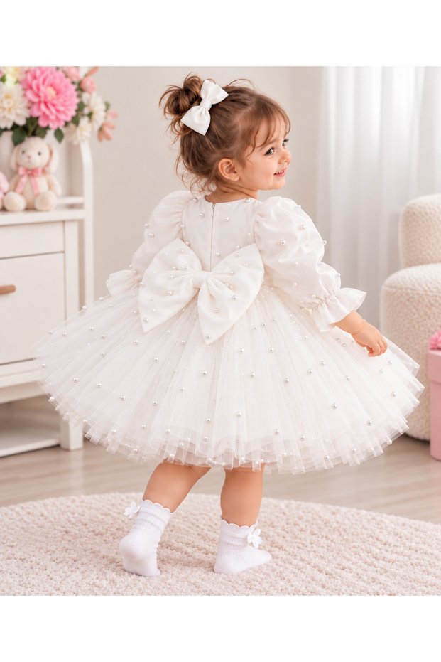 Pearl Wedding Dress Girls' Puffy Special Occasion Dress with Pearls
