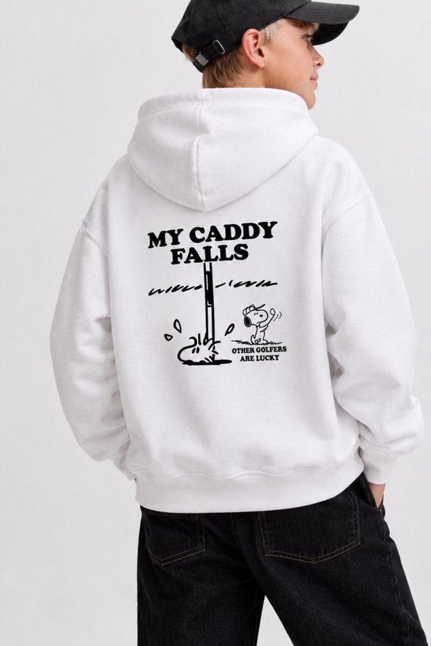 Boy's Oversize Hoodie My Caddy Falls Printed White – Hooded, with Pockets, 3 Thread Fleece