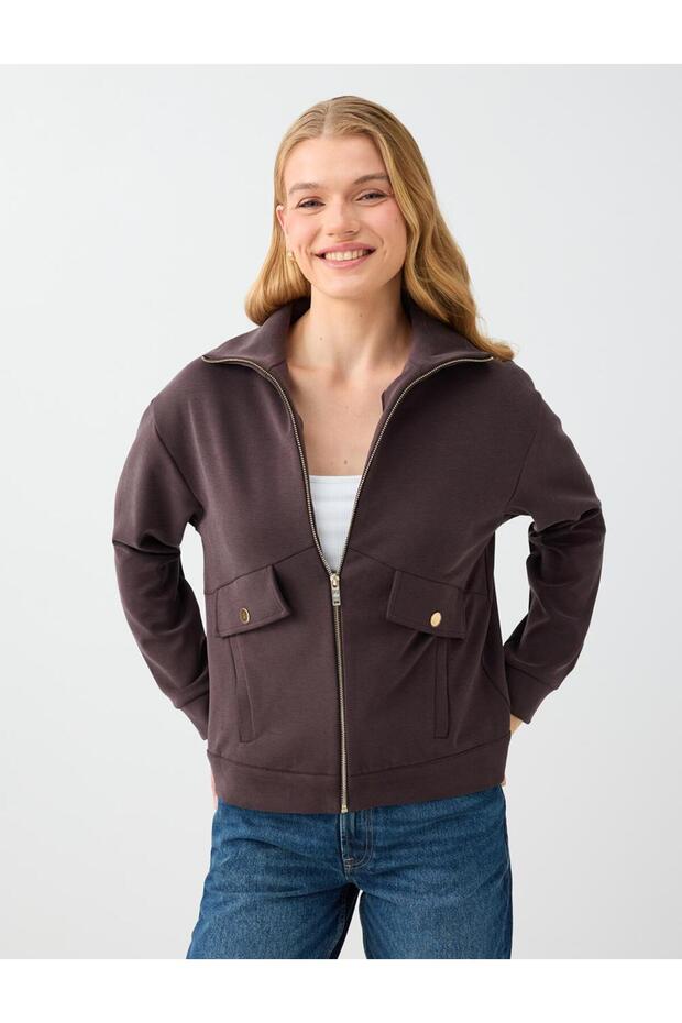 Bitter Brown Pocket Detailed Stand Collar Shaded Modal Jacket