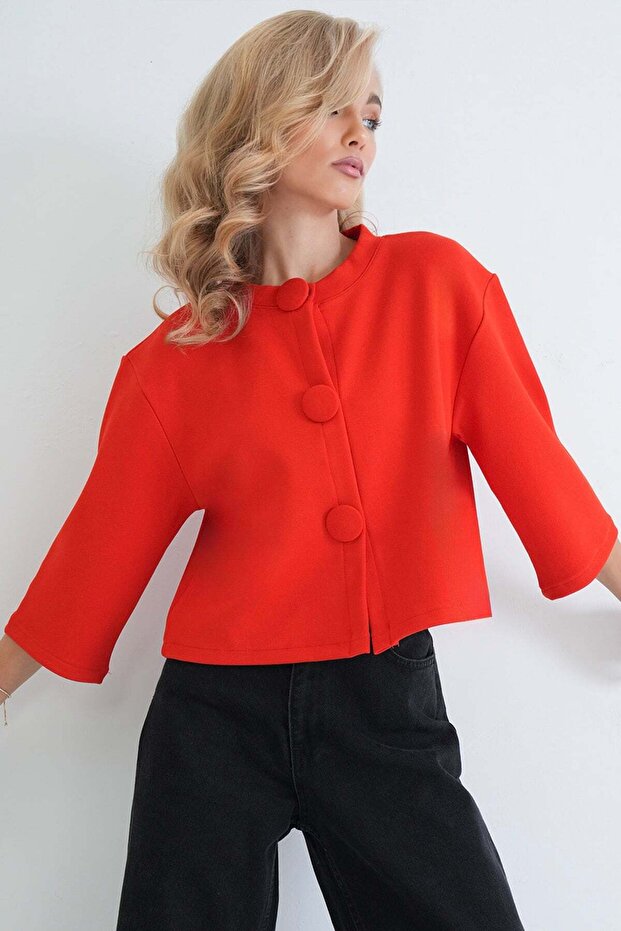 Women's red placket buttoned bicycle collar special design crop jacket alc-x14647