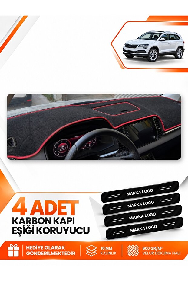 Skoda Karoq (2017-2024) Compatible Front Dashboard Protection Cover Carpet - Black-Red - Sk004