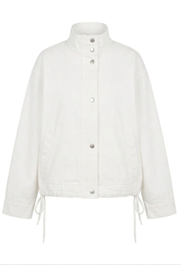 High Collar Waist Tie Detailed Jacket-Ecru Ecru